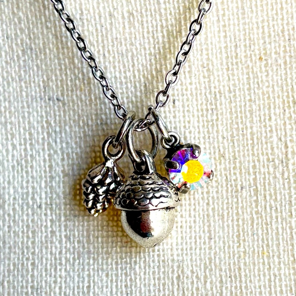 Silver Acorn and Pinecone with Swarovski Stone Pendant Necklace - NWT